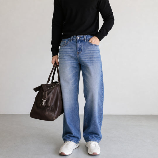 Damen Weite High-Waist-Denimhose mit weitem Bein und Vintage-Waschung Nord Taschen