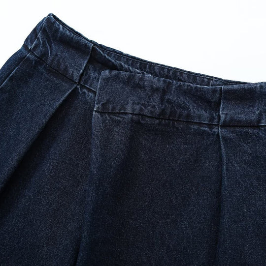 Damen Weite High-Waist Plissierte Denim-Hose mit Bügelfalte Nord Taschen