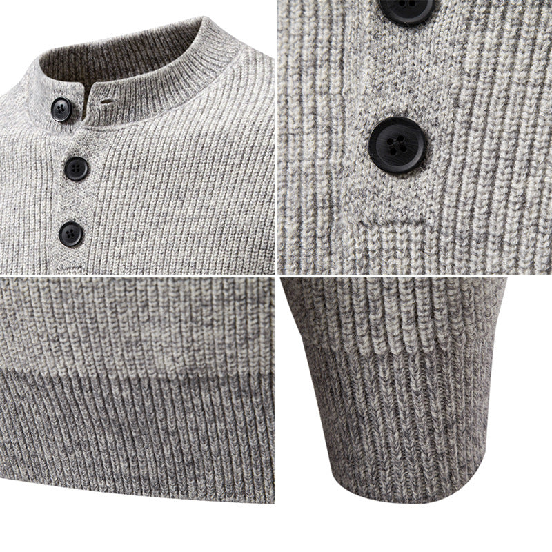 Herren Feinstrick-Henleypullover mit kurzem Stehkragen, Knopfleiste und Rippbündchen Nord Taschen