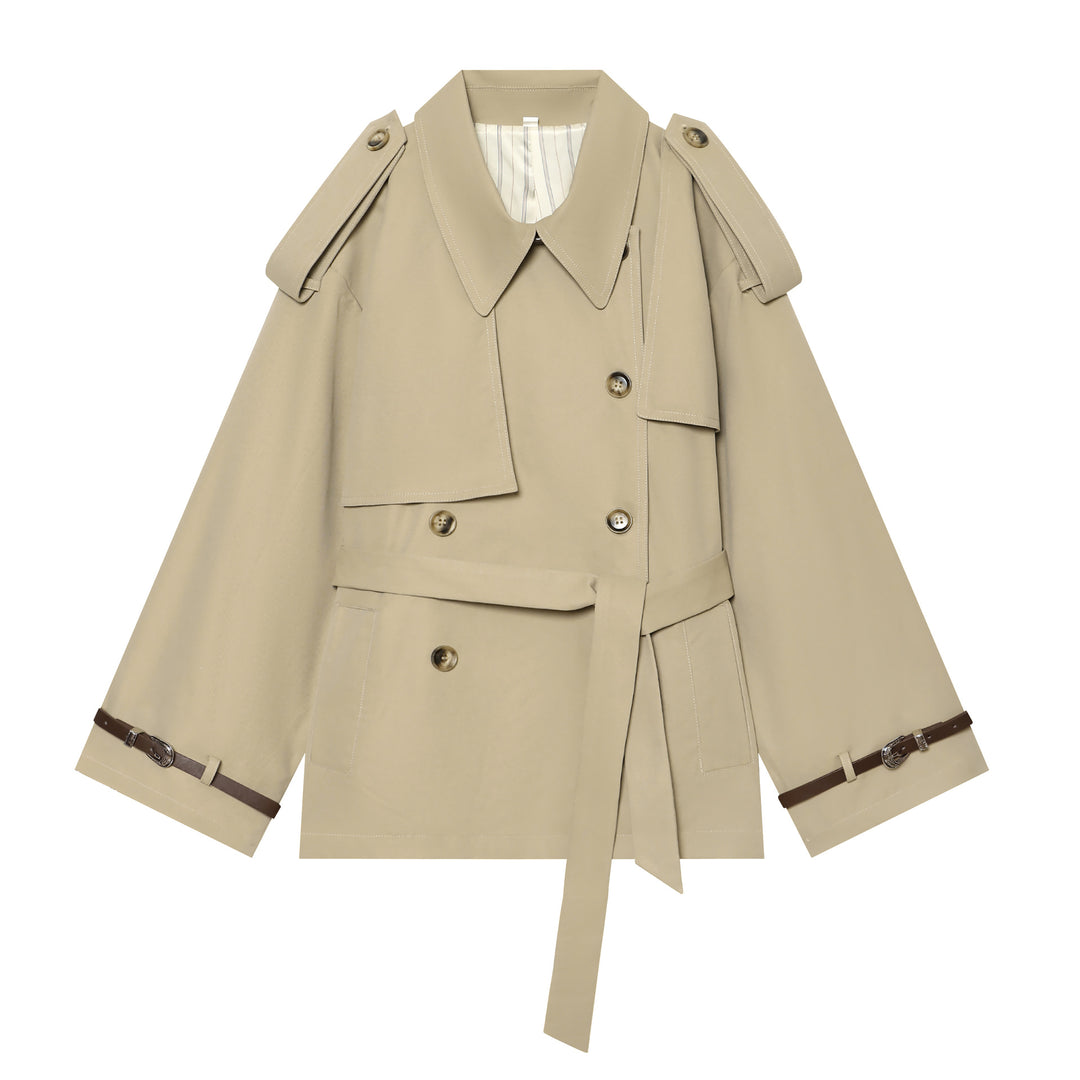 Damen Kurzcape-Trenchcoat mit doppelreihiger Knopfleiste, Schulterklappen und Taillengürtel Nord Taschen