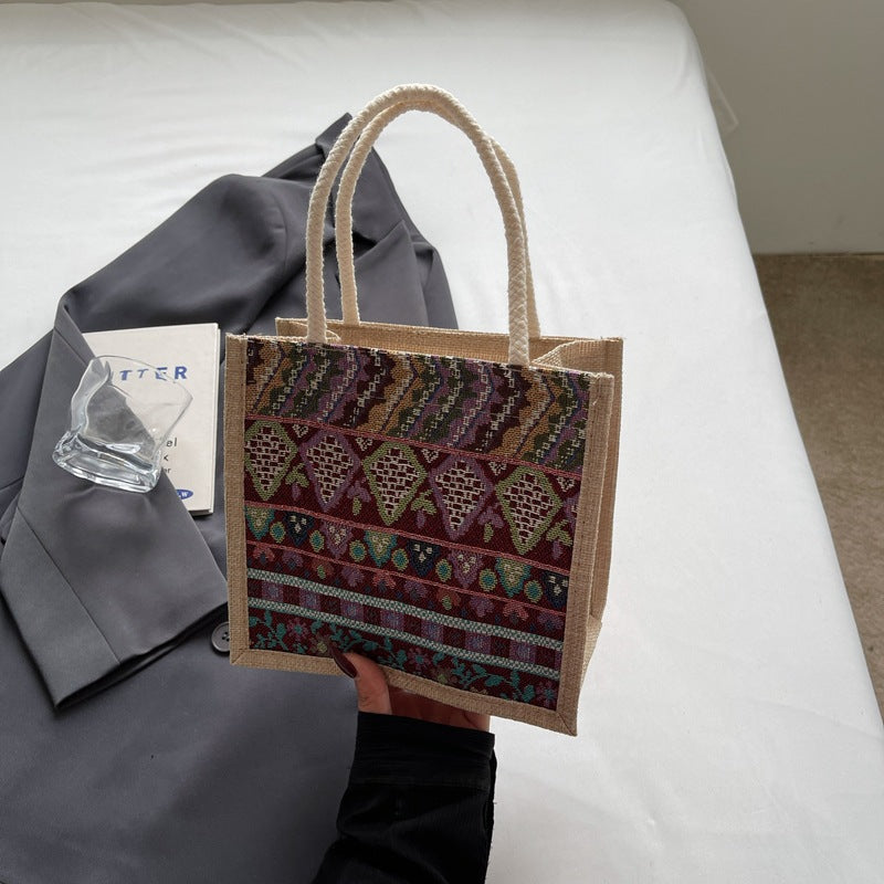 Damen Jute-Handtasche mit handgewebtem Ethnodruck Nord Taschen