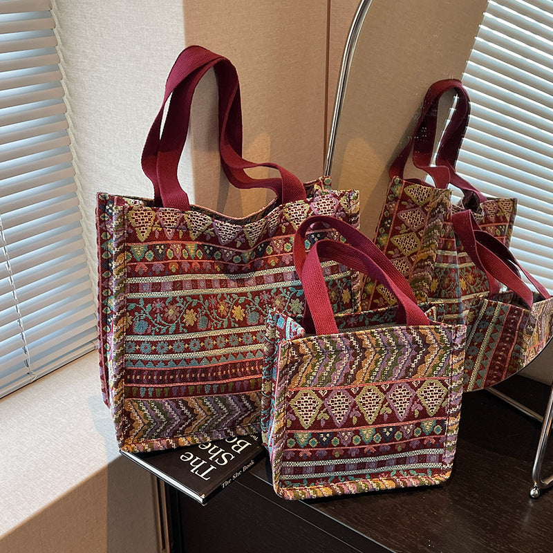 Damen Trendige Jute-Tasche mit buntem Ethnomuster Nord Taschen