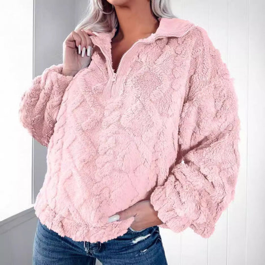 Damen Plüschpullover im Teddy-Look mit halbem Reißverschluss und strukturierter Rautenoptik Nord Taschen