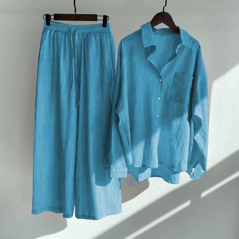 Damen Lockeres Zweiteiliges Viskose-Loungewear-Set mit Hemdbluse und weiter Palazzohose Nord Taschen