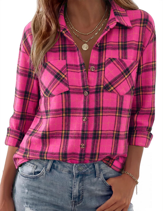 Damen Karierte Oversize-Hemdjacke aus Flanell mit Brusttaschen Nord Taschen