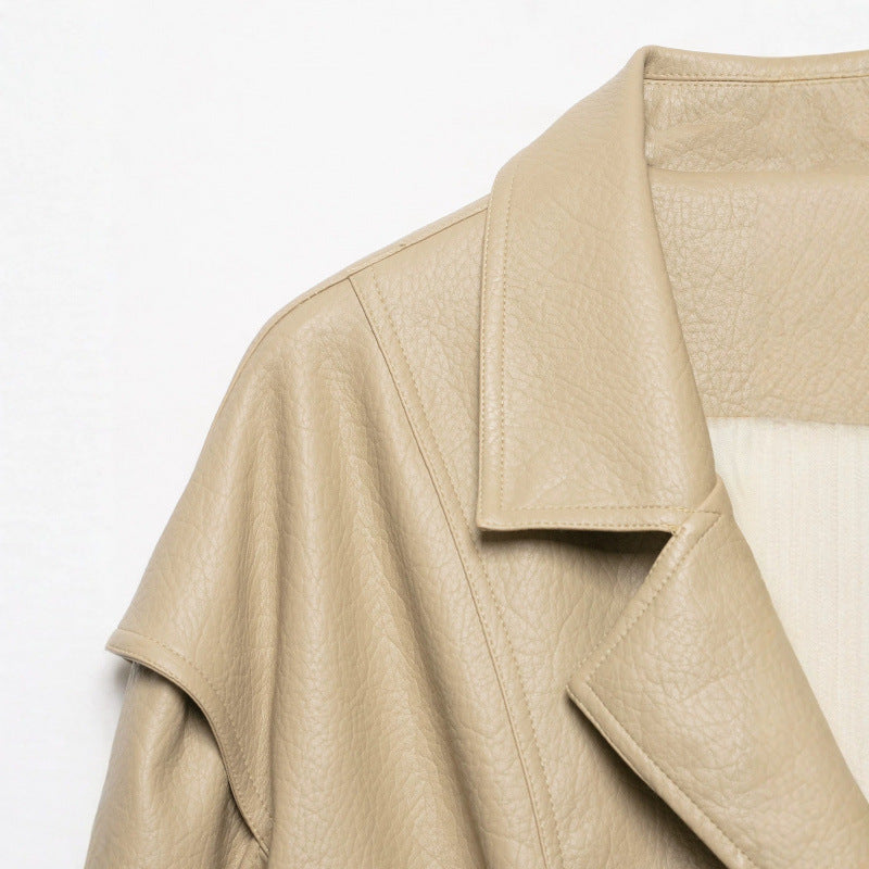 Damen Cropped Lederimitat-Blouson mit doppelreihiger Knopfleiste, weitem Revers und elastischem Saum Nord Taschen