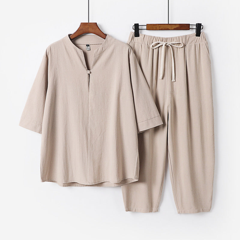 Damen Leichtes Leinen-Baumwoll-Loungewear-Set mit Stehkragen, Dreiviertelärmeln und Gummizugbundhose Nord Taschen