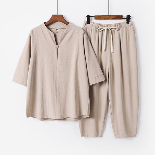 Damen Leichtes Leinen-Baumwoll-Loungewear-Set mit Stehkragen, Dreiviertelärmeln und Gummizugbundhose Nord Taschen