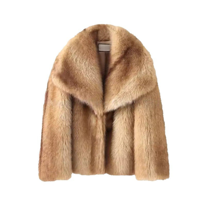 Damen Kurze Plüsch-Kunstpelzjacke mit weitem Schalkragen und geradem Schnitt Nord Taschen