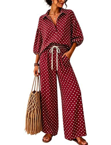 Damen Gepunktetes Zweiteiliges Lounge-Set mit Hemdblusen-Oberteil und Kordelzug-Weitbundhose Nord Taschen