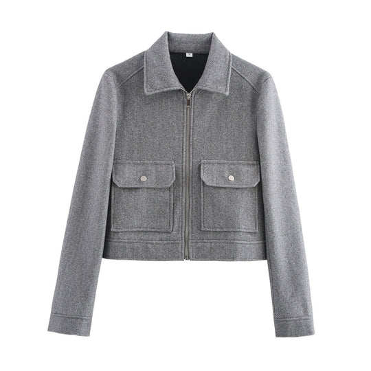 Damen kurze Boxy-Wolljacke mit durchgehendem Reißverschluss und aufgesetzten Pattentaschen Nord Taschen