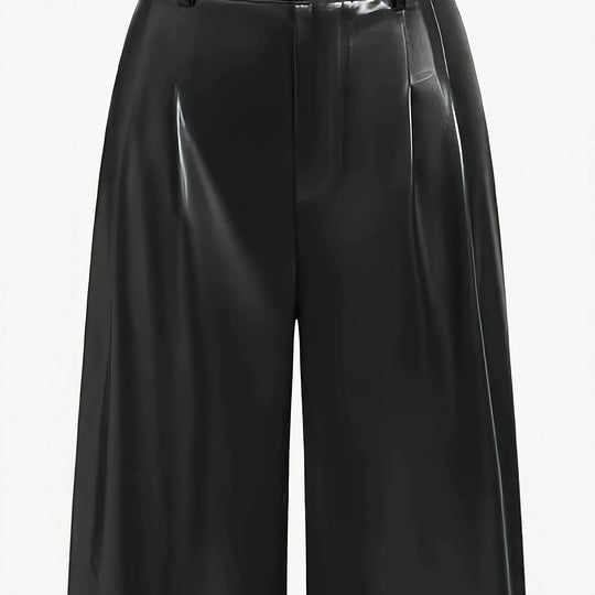 Damen Hochtaillierte Wide‑Leg Kunstlederhose mit Zierknöpfen Nord Taschen
