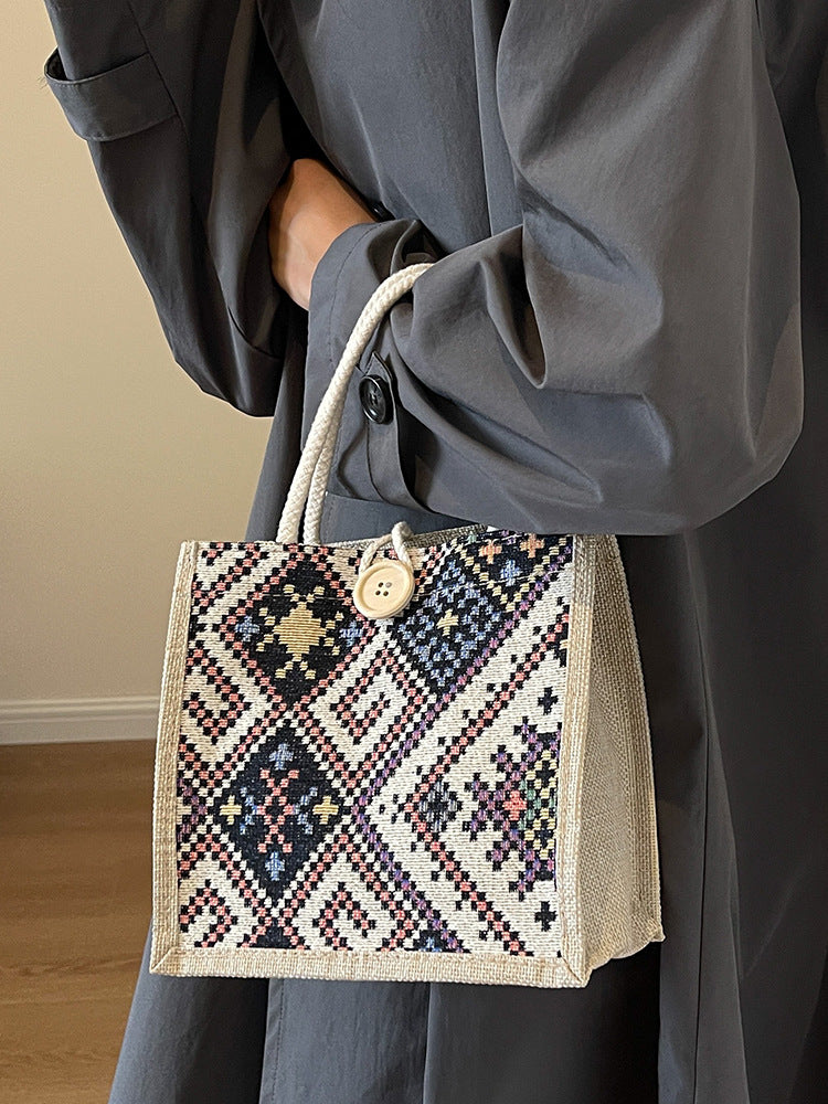 Damen Jute-Tasche mit kunstvollem, gewebtem Muster und praktischen Henkeln Nord Taschen