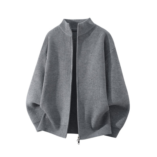 Herren Oversize Grobstrick-Zipcardigan mit Stehkragen und Zwei-Wege-Reißverschluss Nord Taschen