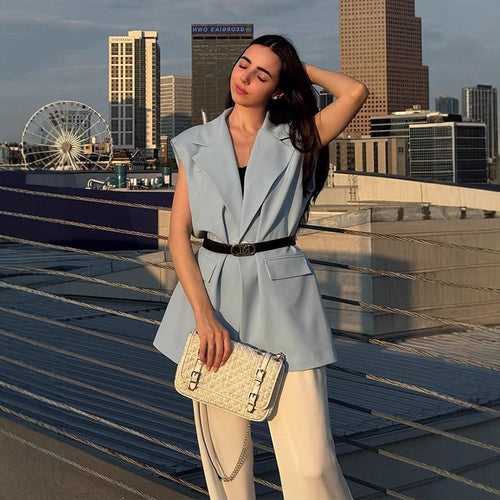 Damen Ärmellose Longblazer-Weste mit betonter Schulterpartie und Taillenform Nord Taschen