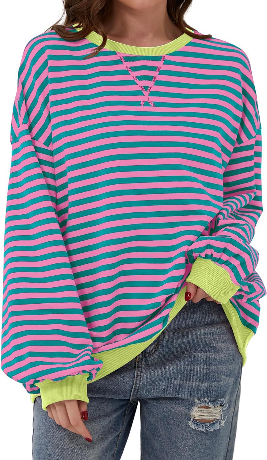 Damen lässiger Oversized Sweatshirt mit bunten Streifen und Kapuzenkordel