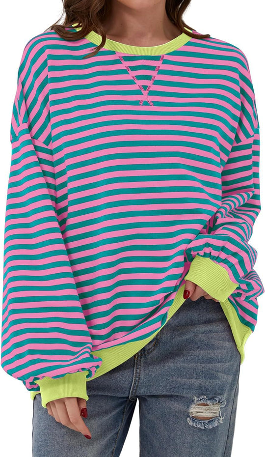 Damen lässiger Oversized Sweatshirt mit bunten Streifen und Kapuzenkordel