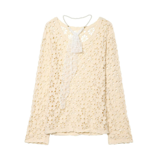 Damen gehäkelter Floralpullover mit Rundhalsausschnitt und Ajourmuster Nord Taschen