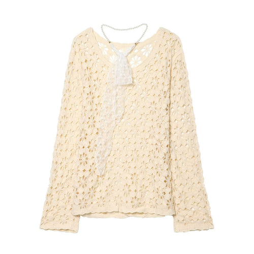 Damen gehäkelter Floralpullover mit Rundhalsausschnitt und Ajourmuster Nord Taschen