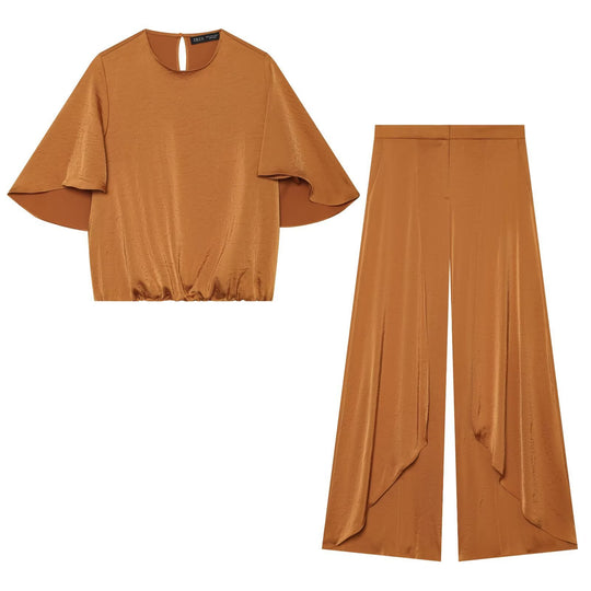 Damen Weite Satin‑Palazzohose mit hoher Taille und vorderer Drapé‑Überlappung Nord Taschen