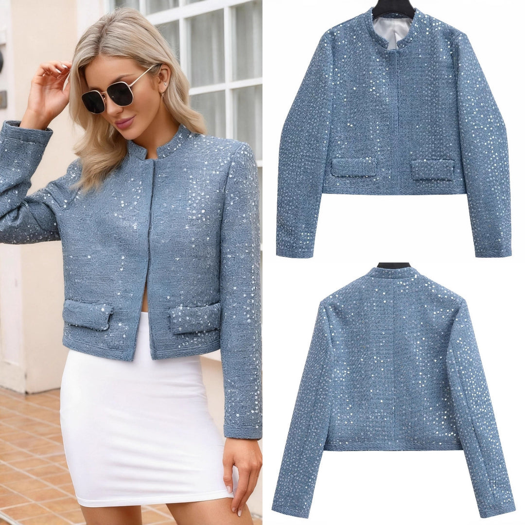 Damen Kurzblazer aus Bouclé‑Tweed mit Pailletten und Pattentaschen Nord Taschen
