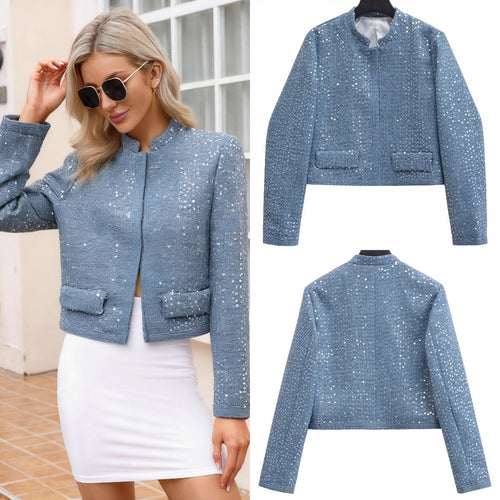 Damen Kurzblazer aus Bouclé‑Tweed mit Pailletten und Pattentaschen Nord Taschen