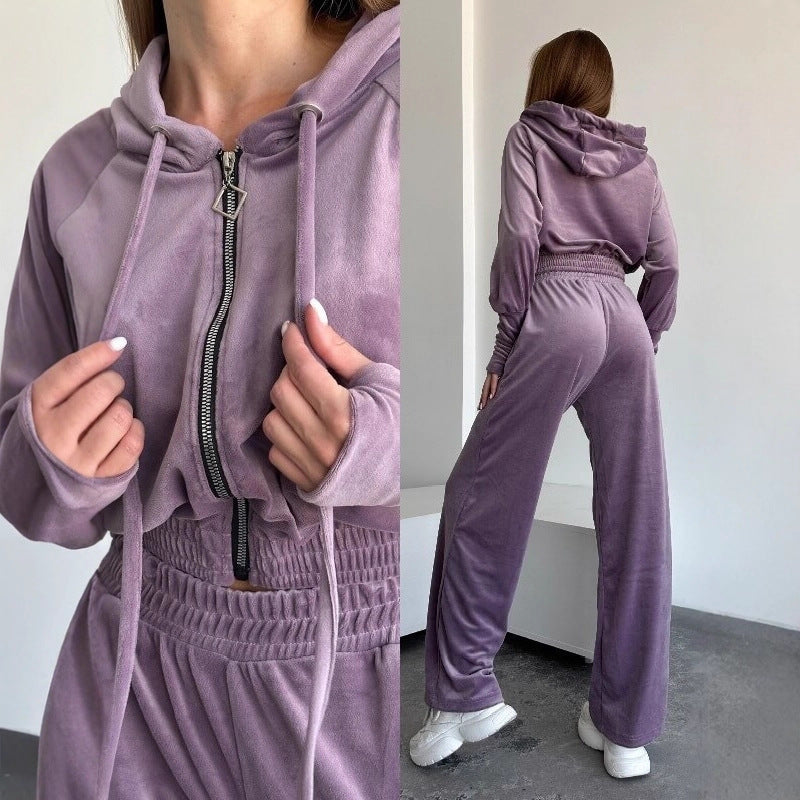 Damen Velours-Lounge-Set mit Cropped Kapuzenjacke und High-Waist weitem Bein Nord Taschen