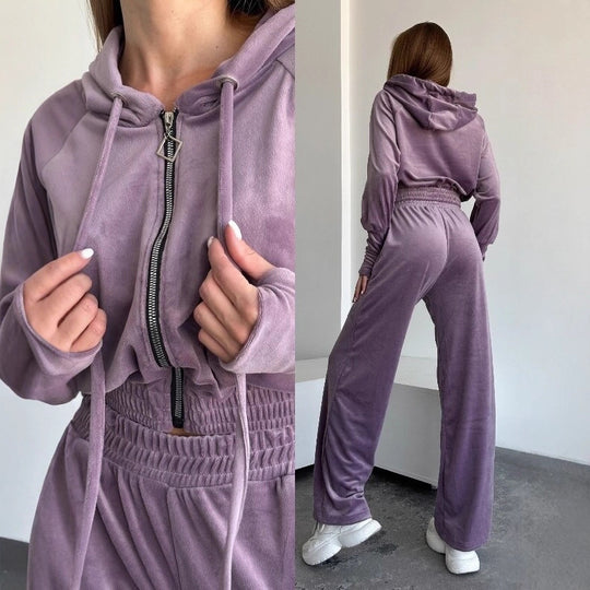 Damen Velours-Lounge-Set mit Cropped Kapuzenjacke und High-Waist weitem Bein Nord Taschen