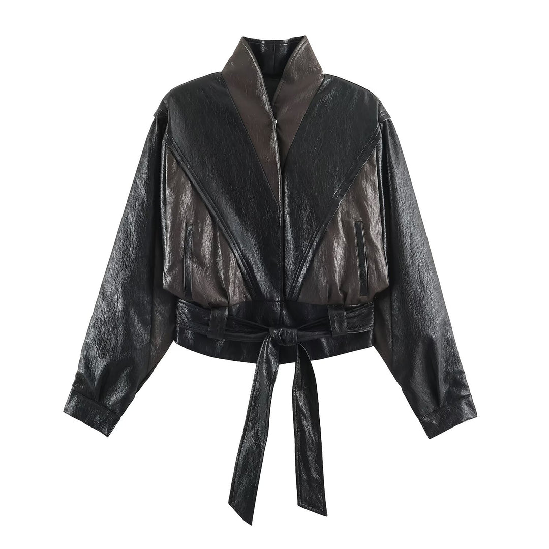 Damen Kurzjacke im Blousonstil mit hochabschließendem Kragen und Bindegürtel Nord Taschen