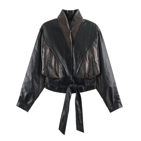 Damen Kurzjacke im Blousonstil mit hochabschließendem Kragen und Bindegürtel Nord Taschen