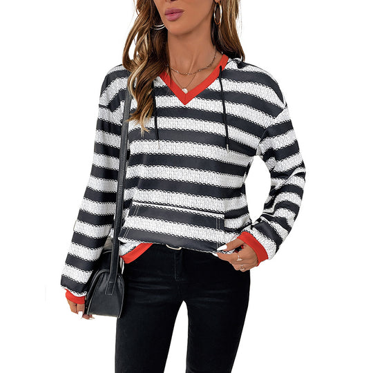 Damen Pullover-Hoodie im Ringelstrick mit V-Ausschnitt, Kängurutasche und Kontrastbündchen Nord Taschen