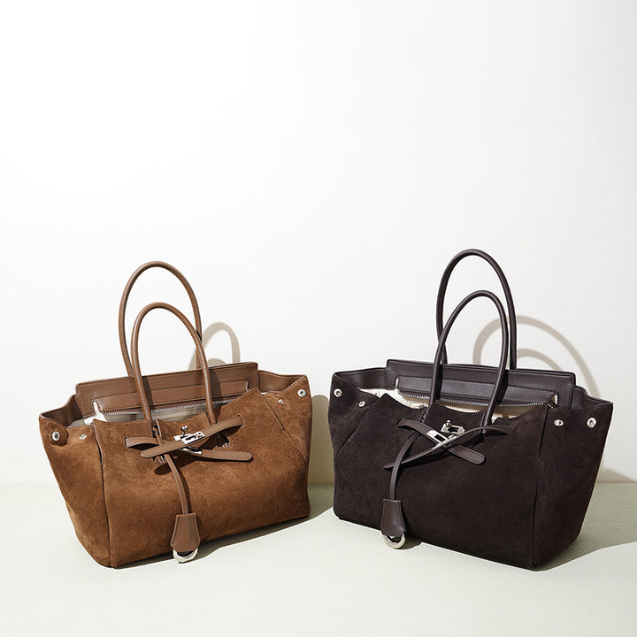 Damen großzügige Wildleder-Handtasche mit innovativem Verschluss Nord Taschen