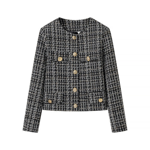 Damen Bouclé-Tweed-Jacke mit Rundhalsausschnitt, goldenen Zierknöpfen und aufgesetzten Taschen Nord Taschen