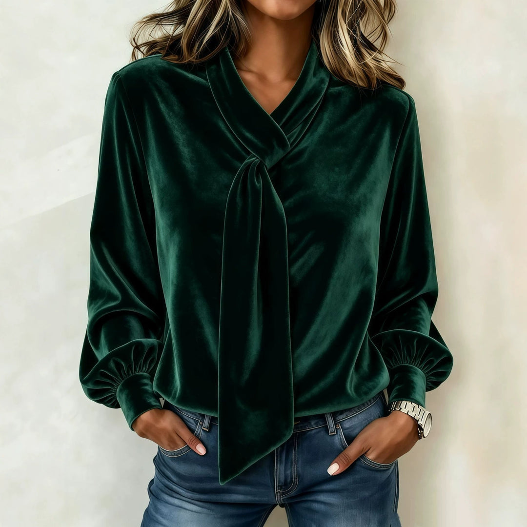 Damen Samtbluse mit Schluppe, Ballonärmeln und gerafften Manschetten Nord Taschen