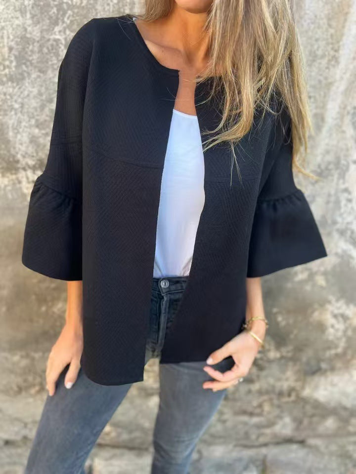 Damen Kurzjacke aus Strukturstrick mit 3/4 Ballonärmeln Nord Taschen