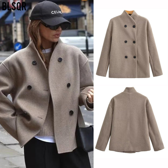 Damen Oversized Doppelreihiger Wollmantel mit Stehkragen Nord Taschen