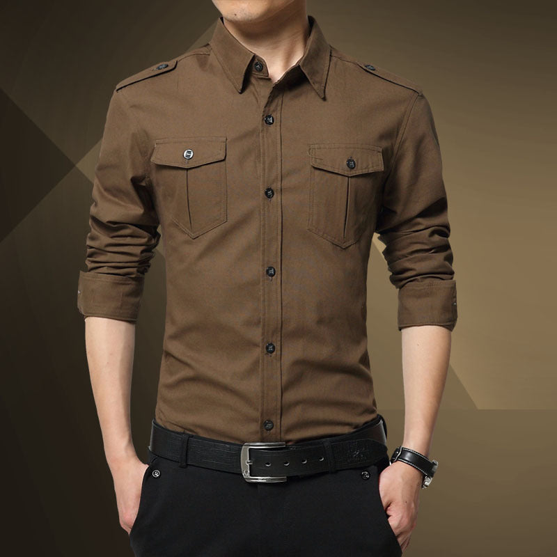 Herren Slim-Fit Baumwoll-Mix Utility-Hemd mit Schulterklappen und Brustpattentaschen Nord Taschen