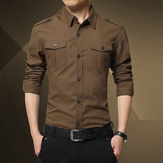 Herren Slim-Fit Baumwoll-Mix Utility-Hemd mit Schulterklappen und Brustpattentaschen Nord Taschen