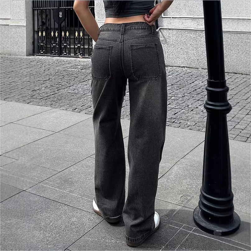 Damen Weite High‑Waist Denim-Hose mit geradem Bein und Vintage-Nähten Nord Taschen