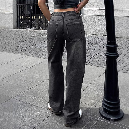 Damen Weite High‑Waist Denim-Hose mit geradem Bein und Vintage-Nähten Nord Taschen