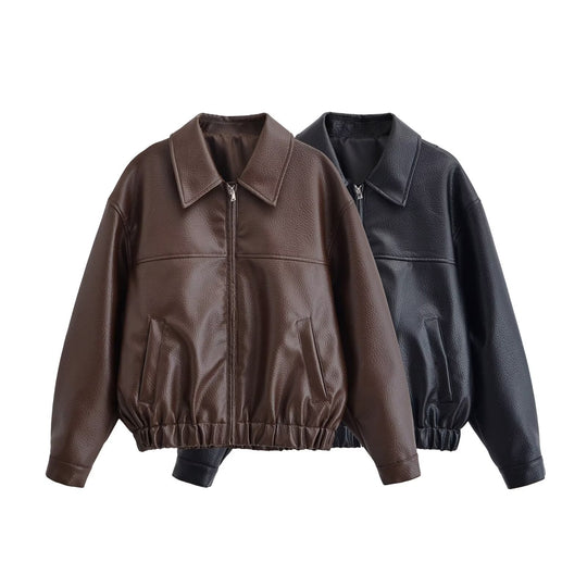 Damen Oversized Kunstleder-Bomberjacke mit Hemdkragen Reißverschluss und elastischem Saum Nord Taschen