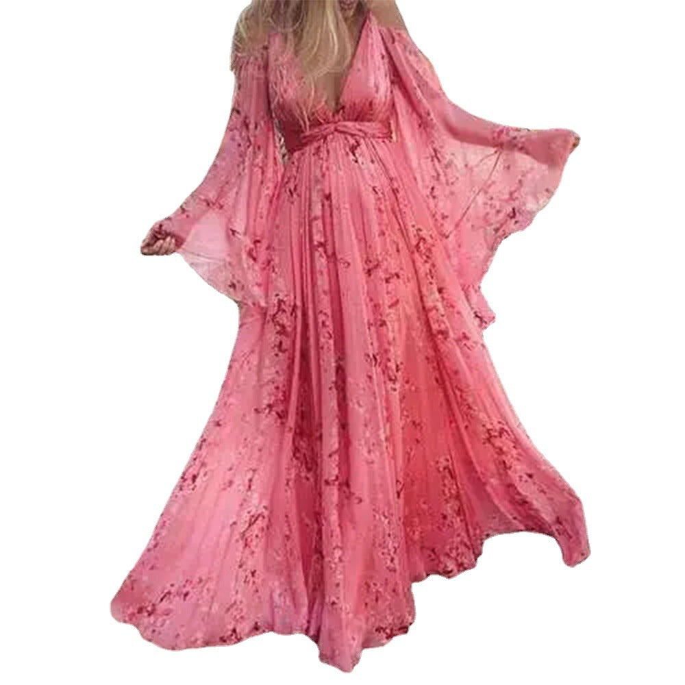Damen Luftiges Maxi-Kleid mit floralen Akzenten und schwingenden Ärmeln