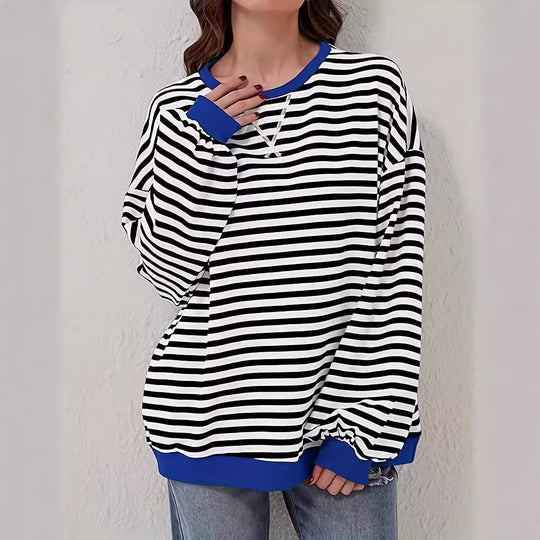 Damen Gestreifter Oversize Pullover mit Kontrastbündchen Nord Taschen