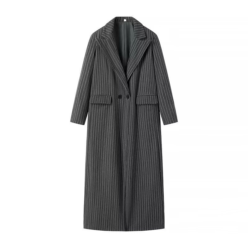 Damen Longline-Wollmixmantel mit Nadelstreifen, tailliertem Revers und Pattentaschen Nord Taschen