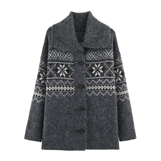 Damen Norwegisch gemusterter Wollmix-Dufflecoat mit Schalkragen und Knebelverschlüssen Nord Taschen