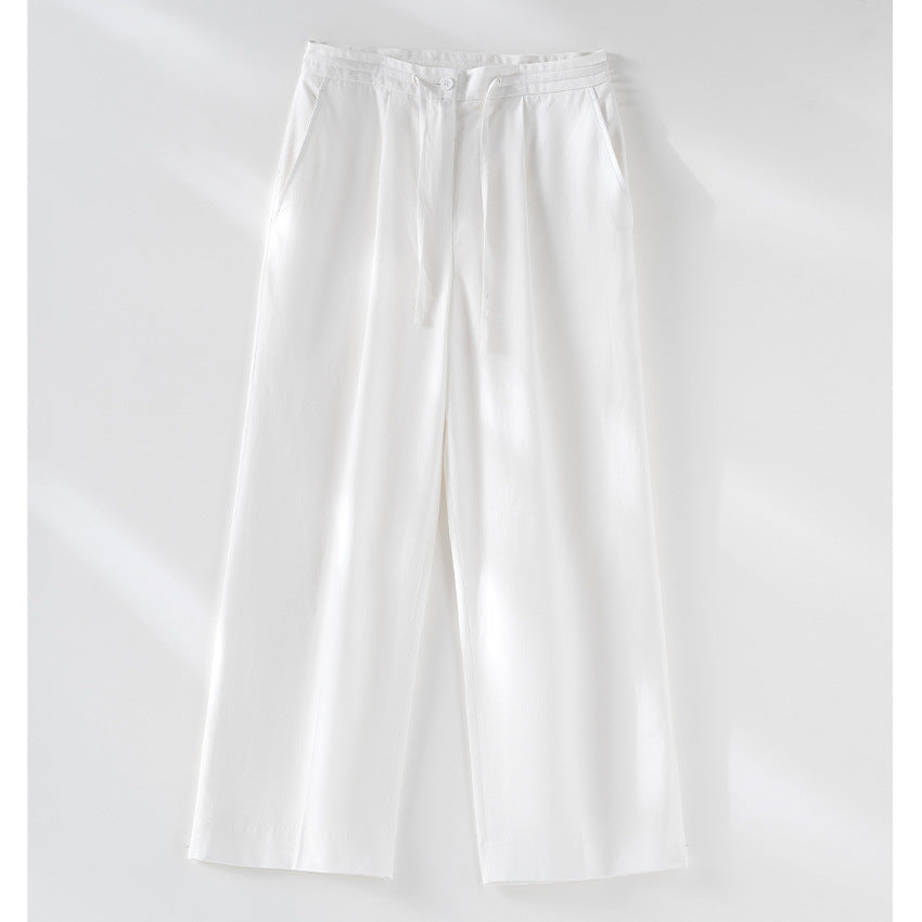 Damen Culotte-ähnliche Leinenhose mit Tunnelzug, Bundfalten und geradem Bein Nord Taschen