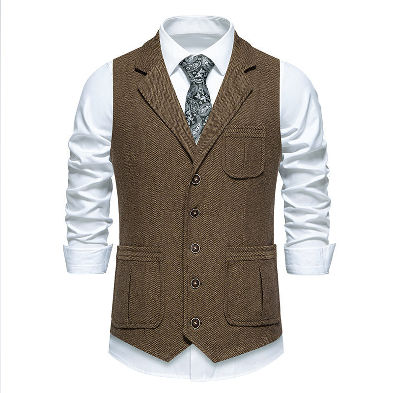 Herren Tweed-Weste mit Fischgrätmuster, Reverskragen und Pattentaschen Nord Taschen