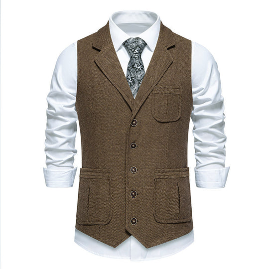 Herren Tweed-Weste mit Fischgrätmuster, Reverskragen und Pattentaschen Nord Taschen