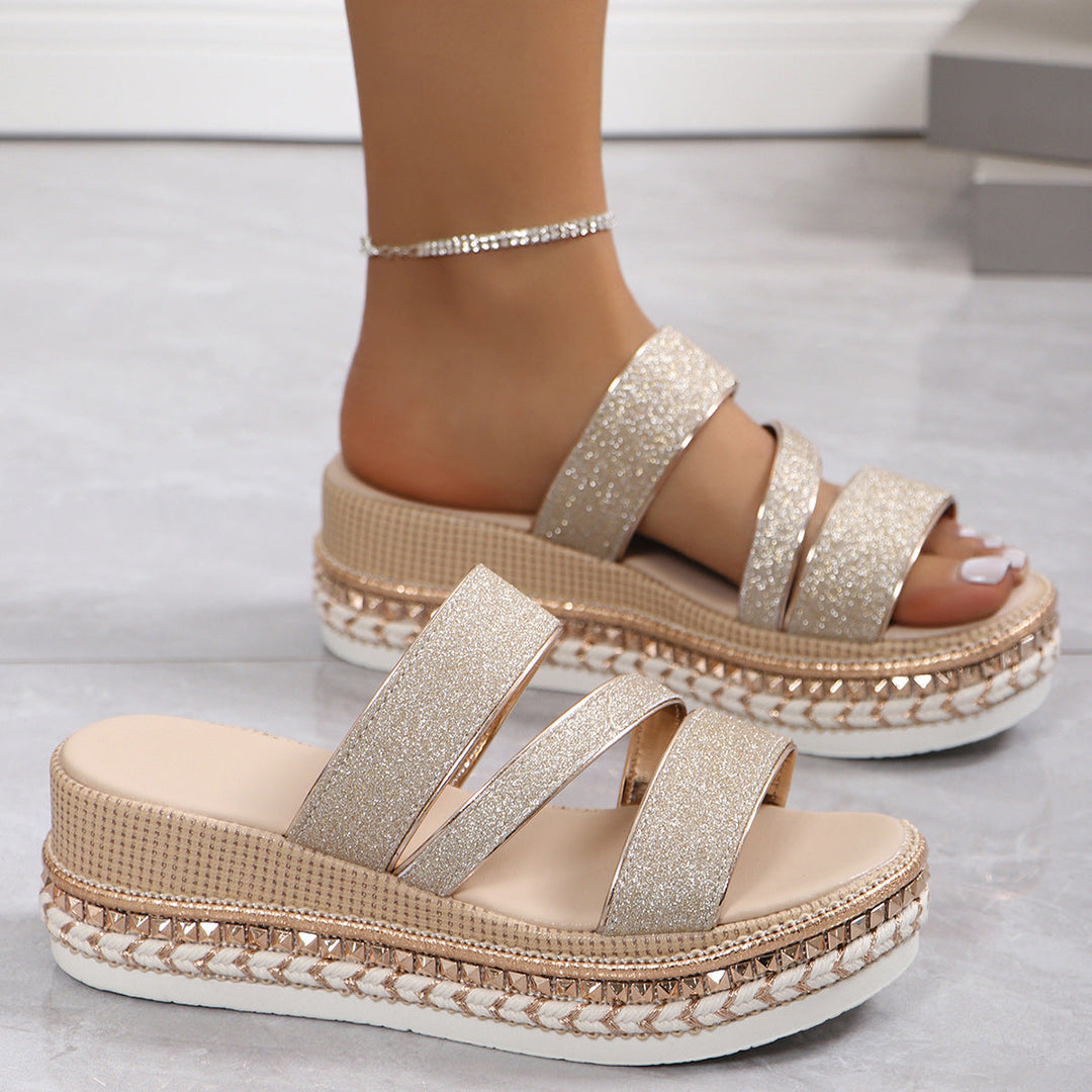 Damen Riemensandalen mit modischer Schmuckverzierung und Plateau-Rand