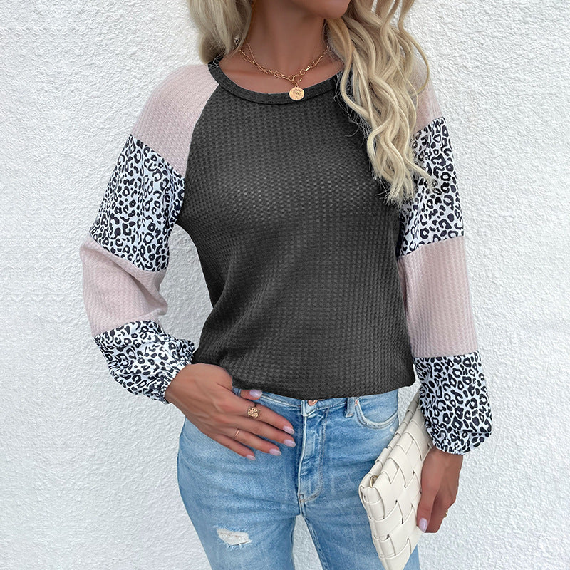 Damen Raglan-Langarmshirt aus Waffeljersey mit Colorblock-Ärmeln und Leoparden-Details Nord Taschen